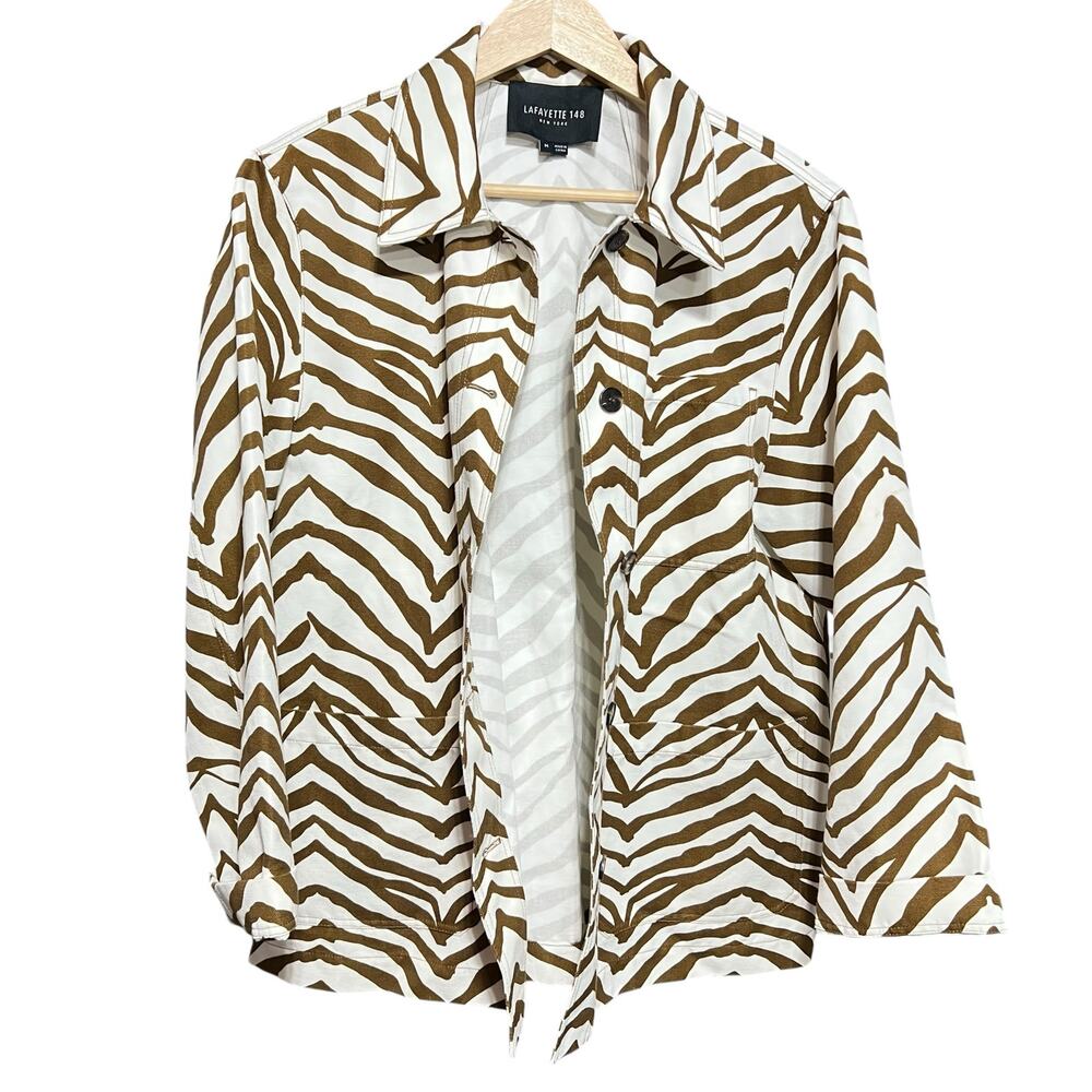 Lafayette 148 New York Amaris Linen Blend Shirt Jacket Zerbra Print Size Medium
